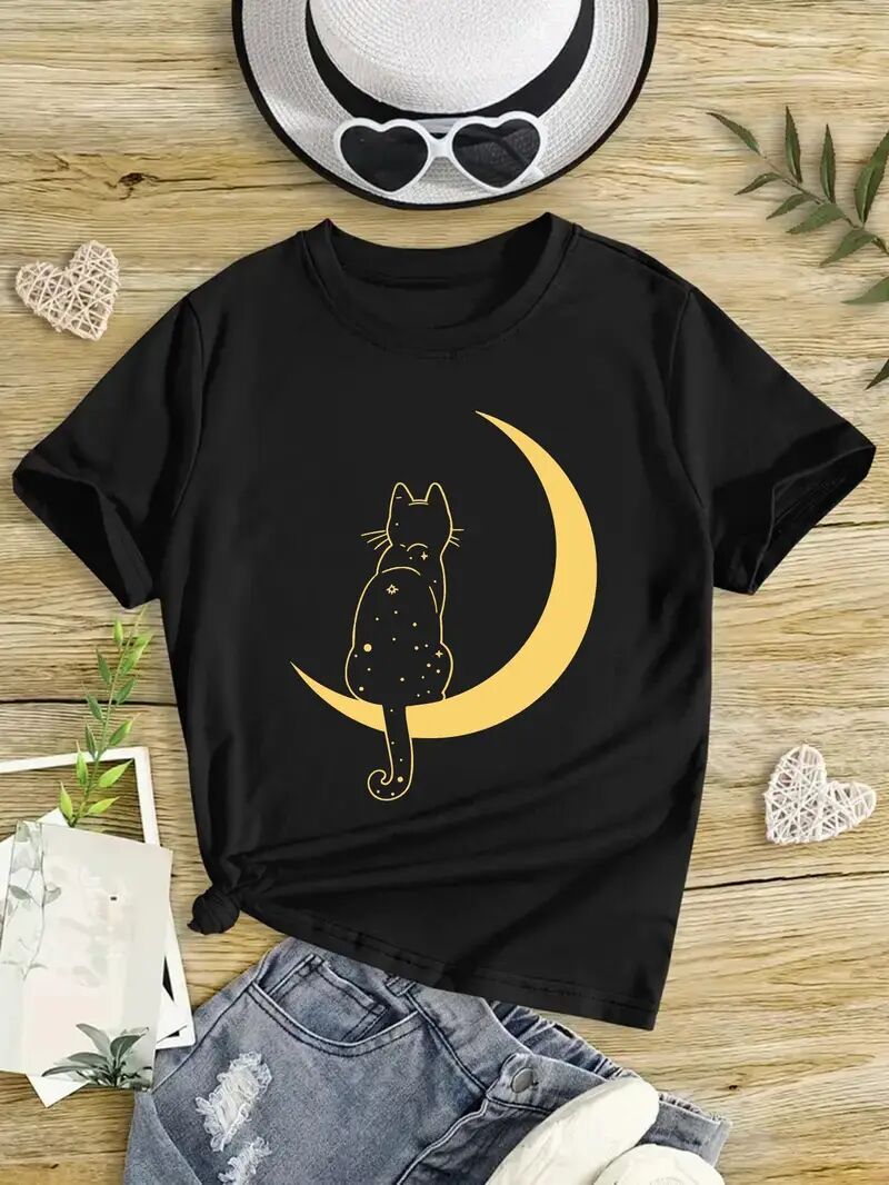 Cat On The Moon Printed Short Sleeved Shirt
