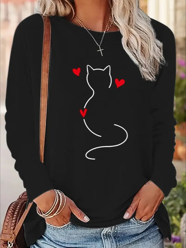 Cat Silhouette Long-sleeved Hoodless Sweatshirt